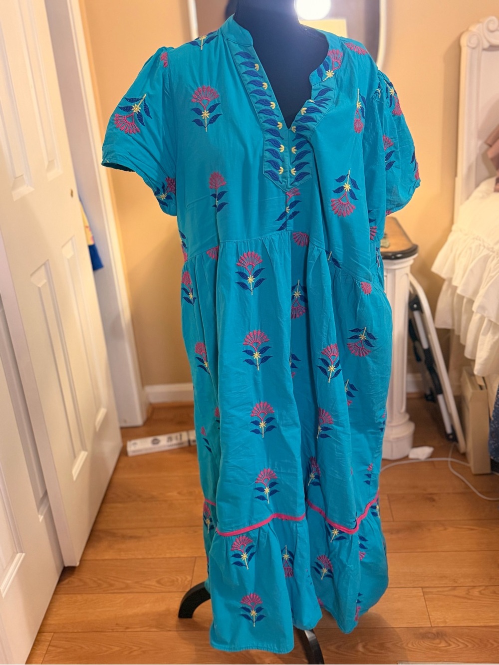 Chic Soul Teal Floral Embroidered Maxi Dress